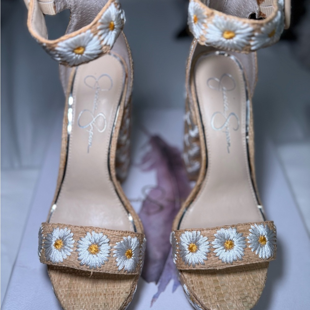 Jessica Simpson Tan and White Wedge Sandals with Ankle Strap
